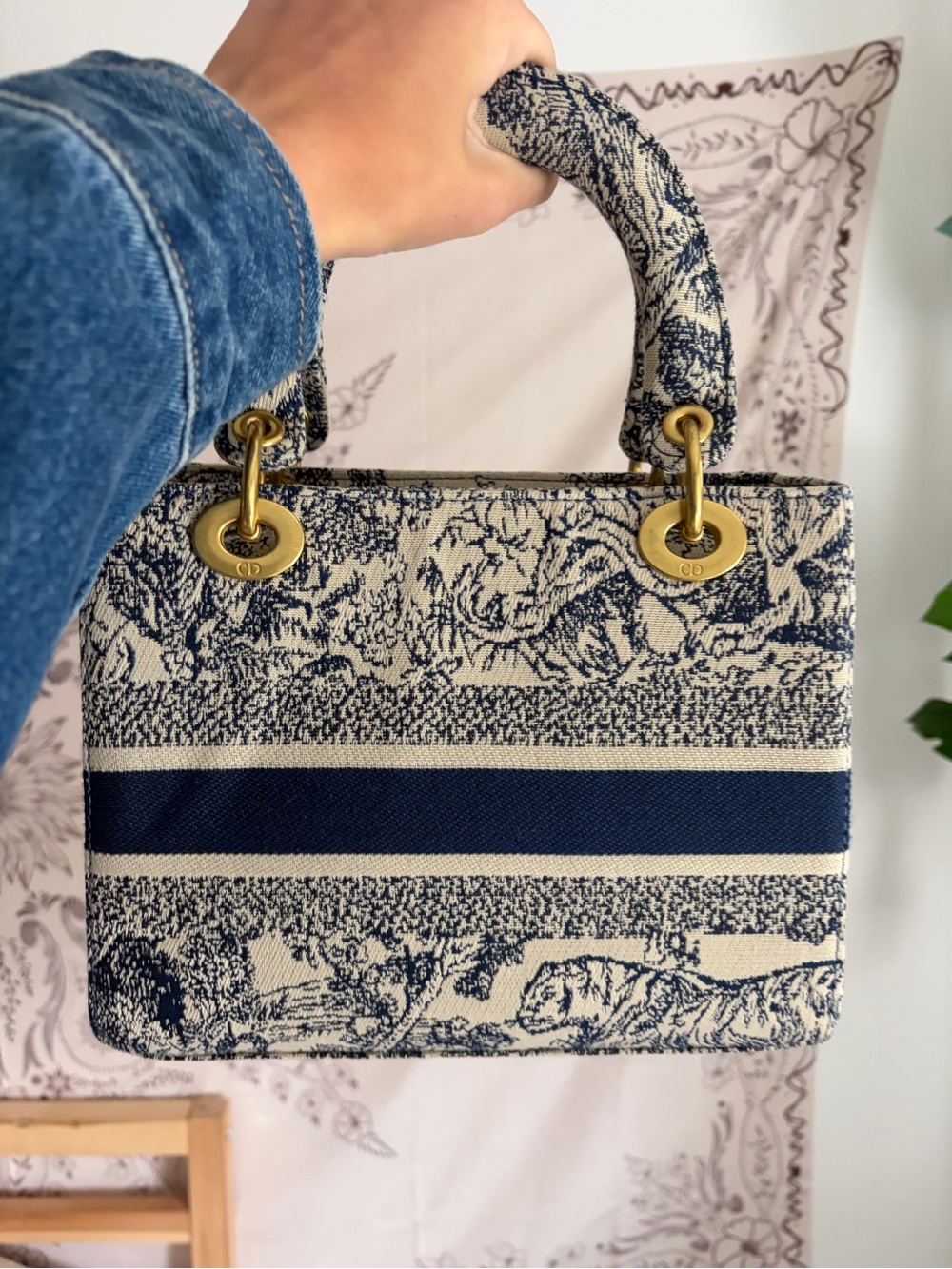 Dior Toile de Jouy Mini Tote in Navy and Cream with Gold Hardware - Picture 2 of 7